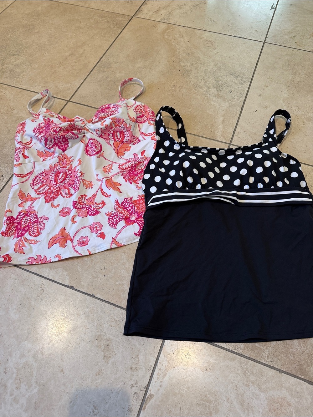 Lands' End Pink Floral Tankini Top & Black Polka Dot Tankini Top